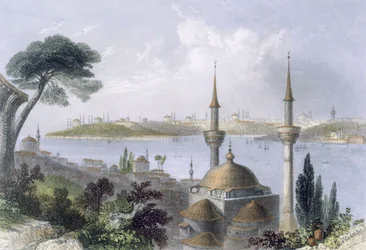Vue générale de Constantinople depuis Scutari, vers 1850 (aquatinte colorée)