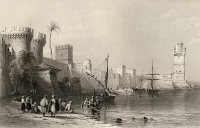 Port de Rhodes, Grèce, gravé par J.C. Armytage