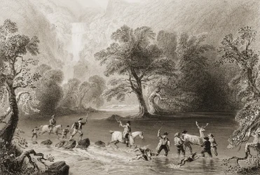 Chasse au cerf près de la cascade de Derrycunnihy, comté de Kerry, Irlande, tiré de 