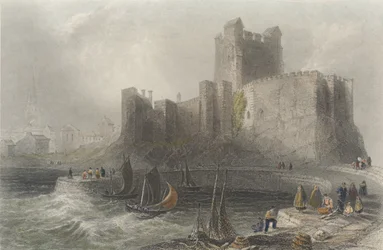 Vue du château de Carrickfergus (gravure en couleur)