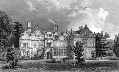Façade ouest de Spains Hall, Essex, gravée par John Rogers, 1832