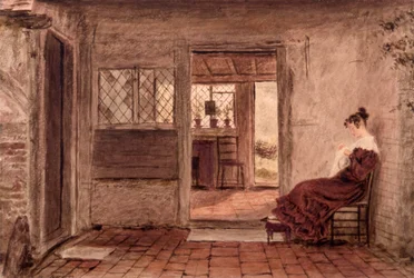 Intérieur de cottage avec fille cousant, c.1828