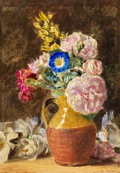 Fleurs variées dans une cruche brune et fauve, vers 1860
