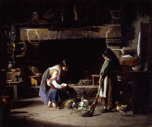 Intérieur de ferme : Enfants bretons nourrissant des lapins