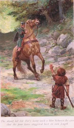 Le nain frappa le cheval de Sir Tor d