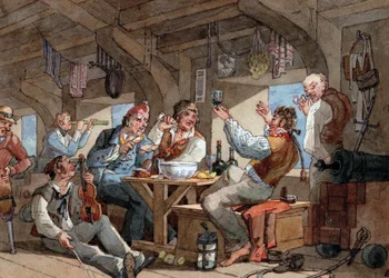Marins buvant à bord du pont inférieur de leur navire, scène avec joueur de violon et fumeur de pipe, linge sur une corde, et équipement à bord (épée, fusil, canon, lampe)
