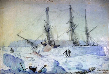 Vue du côté bâbord du navire avec un effet de lever de soleil en février 1837 montrant l