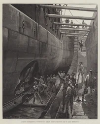 Expériences de torpilles à Portsmouth, dommages causés au côté bâbord du HMS Resistance