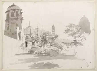 Vue de la Cuttera construite par Jaffier Cawn à Murishidbad, vers 1781 (lavis gris et crayon sur papier)