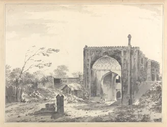 Vue de la porte du caravansérail de Raje Mahel [Rajmahal]