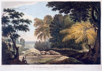 Village de Colline dans le District de Bauhelepoor, 1787 (aquatinte)