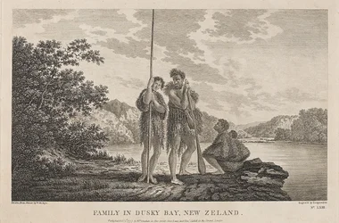 Vue de la Baie des Îles (Dusky Bay) (Nouvelle-Zélande), avec une famille maorie. Gravure (33,9x47,1 cm) d