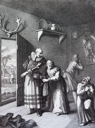 Le curé et le barbier se déguisant pour ramener Don Quichotte chez lui par William Hogarth