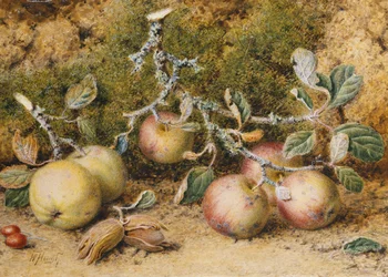 Nature morte avec pommes, noisettes et cynorrhodons