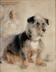 Terrier assis devant un vase Canton Famille Rose