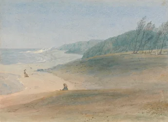 Maurice - un enfant regardant sa mère marcher près de la mer, présumée Mme Chamberlayne et un de ses enfants