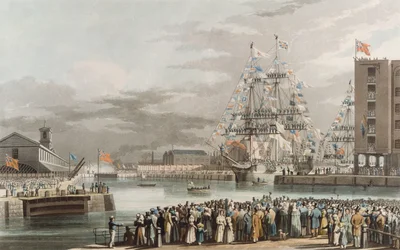 Dock de St. Katherine : Ouverture le 25 octobre 1828, gravé par E. Duncan