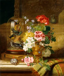 Un vase de fleurs variées et oiseaux chanteurs sur un rebord, 1867