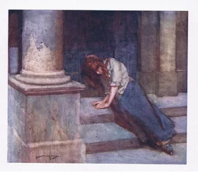 Et, pincé par le froid, et se retirant de la pluie, avec un cœur lourd déplore cette heure malheureuse (lithographie en couleur)
