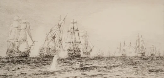 Navires, quatre mâts, engagés dans une bataille
