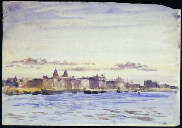 Vue du Royal Naval College, à Greenwich (Angleterre), sur la Tamise, au coucher du soleil, prise de Blackwall (rive opposée)