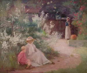 Dame avec son jeune fils et servante dans le jardin