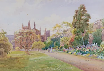 La longue promenade et la bordure de fleurs en mai - New College, Oxford, c.1918