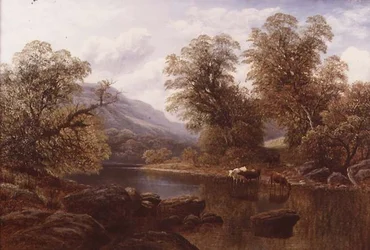 Paysage avec une rivière et du bétail