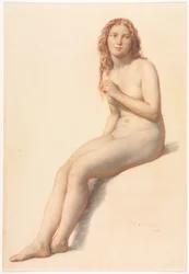 Nu féminin, assis, vue de trois quarts de face