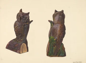 Banque de hibou sur bûche, vers 1937