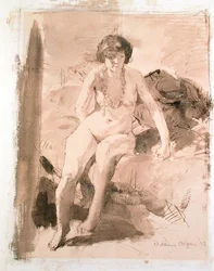 Une jeune fille nue assise sur un lit