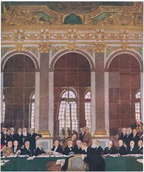 Signature de la paix dans la galerie des Glaces, Palais de Versailles, 28 juin 1919, de Cassells History of the British People publié par la Waverley Book Company Limited, vers 1940