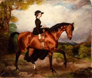 Portrait de Mme Thomas Conolly, assise en amazone sur un cheval de chasse alezan, vêtue d