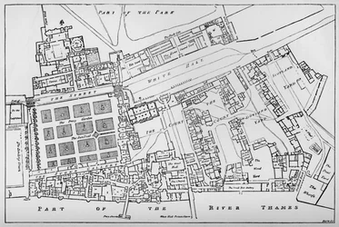 Copie réduite du plan au sol de Fisher du palais royal de Whitehall, pris sous le règne de Charles