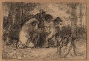 Paysage boisé avec putti aidant une femme à se déshabiller