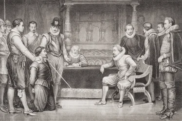 Guy Fawkes (1570-1606) interrogé par Jacques Ier (1566-1625) et son conseil dans la chambre du roi, de 
