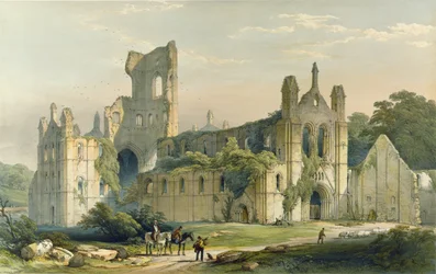 Abbaye de Kirkstall, vue du nord-ouest. Tiré de Ruines monastiques du Yorkshire, gravé par H. Hawkins