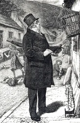 Dessin humoristique représentant un homme en haut-de-forme outré par un étourneau domestique perturbant le sabbat en faisant rire et crier les enfants avec son langage