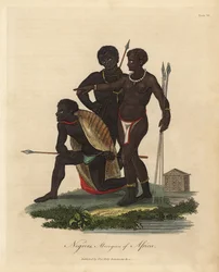 Natifs sud-africains avec des lances, manteau en peau d