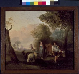 Paysage avec bétail et moutons