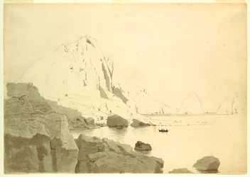 Dessin, Vue de Capri, Italie, montrant la côte sud et le Faraglione, vers 1865