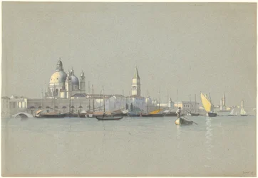 Vue à travers le canal de la Giudecca vers la Salute et le Campanile de San Marco
