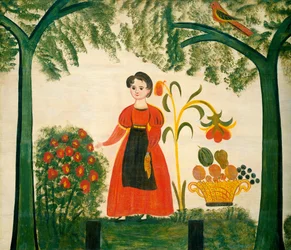 Fille en rouge avec des fleurs et un distelfink, vers 1830 (huile sur bois (carton réfractaire))
