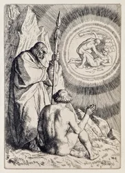 Michel montre à Adam une vision de Le Paradis perdu de John Milton, une série de 12 illustrations gravées par William Strang