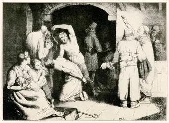 Le Fouet de Fidèle de Le Voyage du Pèlerin de ce Monde à Celui qui Vient par John Bunyan (1628-1688) illustration de William Strang (1859-1921)
