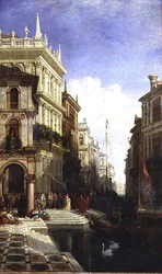 Vue capricieuse de Venise avec une princesse montrée à une gondole à l