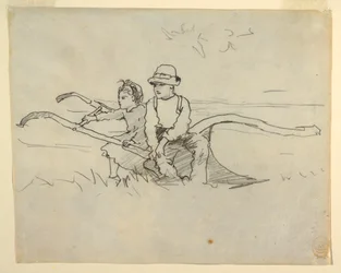 Dessin, garçon et fille assis sur une charrue, 1879