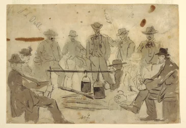 Dessin, feu de camp avec des soldats groupés, 1862