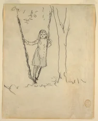 Dessin, fille debout dans une balançoire, 1879