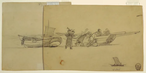 Dessin, hommes et femmes déchargeant un doris de pêche, Cullercoats, Angleterre, 1881-82